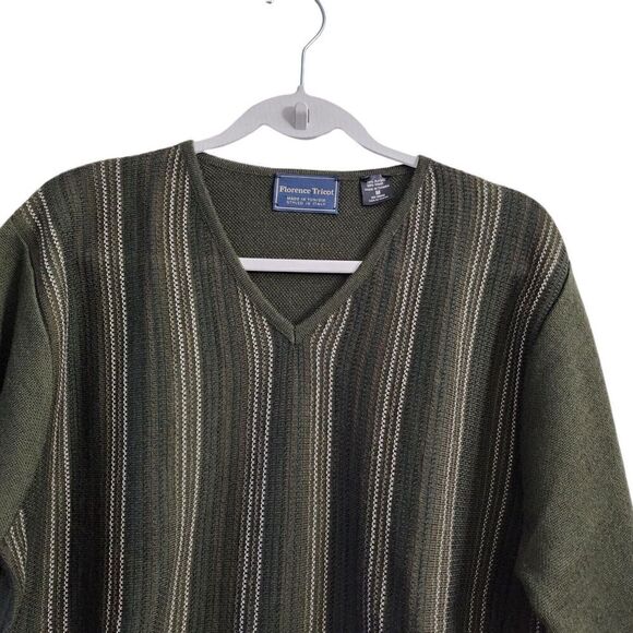 Florence Tricot Sweater Mens Medium Green Striped V-Neck Wool‎ Knit Pullover - Picture 3 of 8